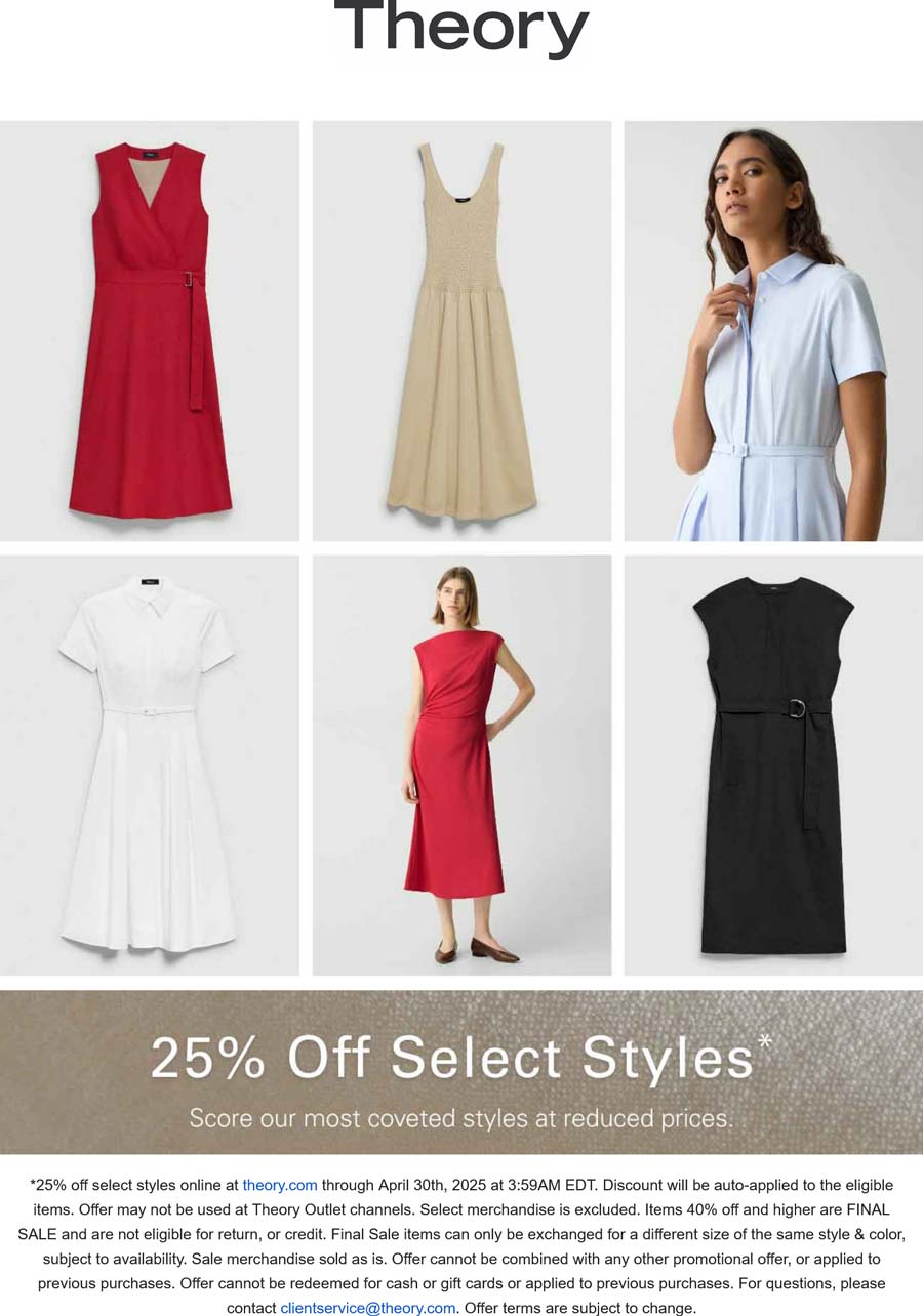 Theory stores Coupon  25% off dresses at Theory #theory 
