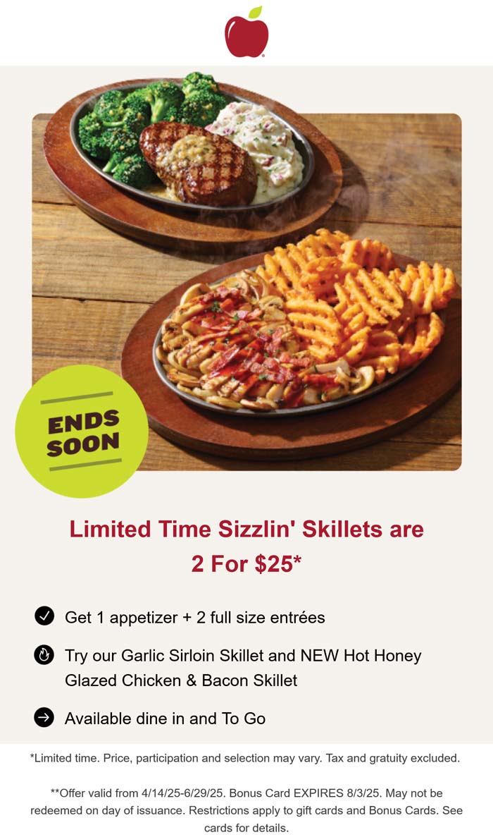 Applebees restaurants Coupon  2 skillets for $25 at Applebees restaurants #applebees 