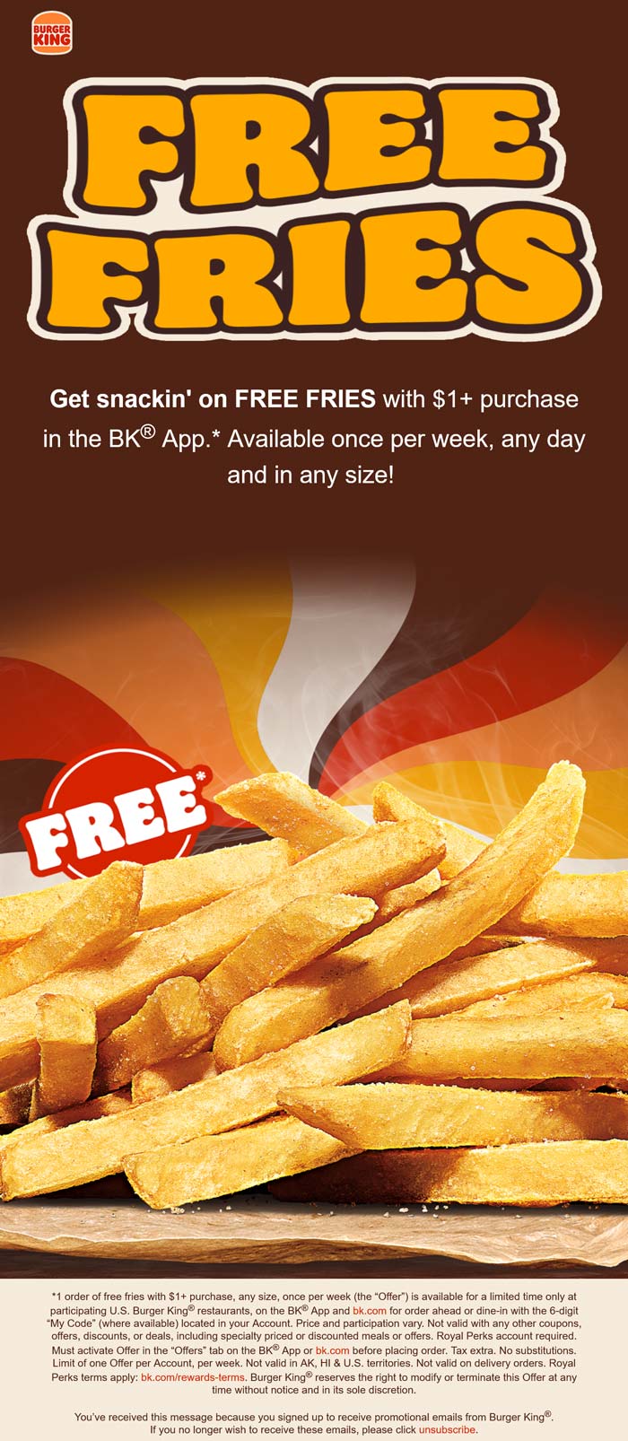 Burger King restaurants Coupon  Free fries on $1 via mobile at Burger King #burgerking 