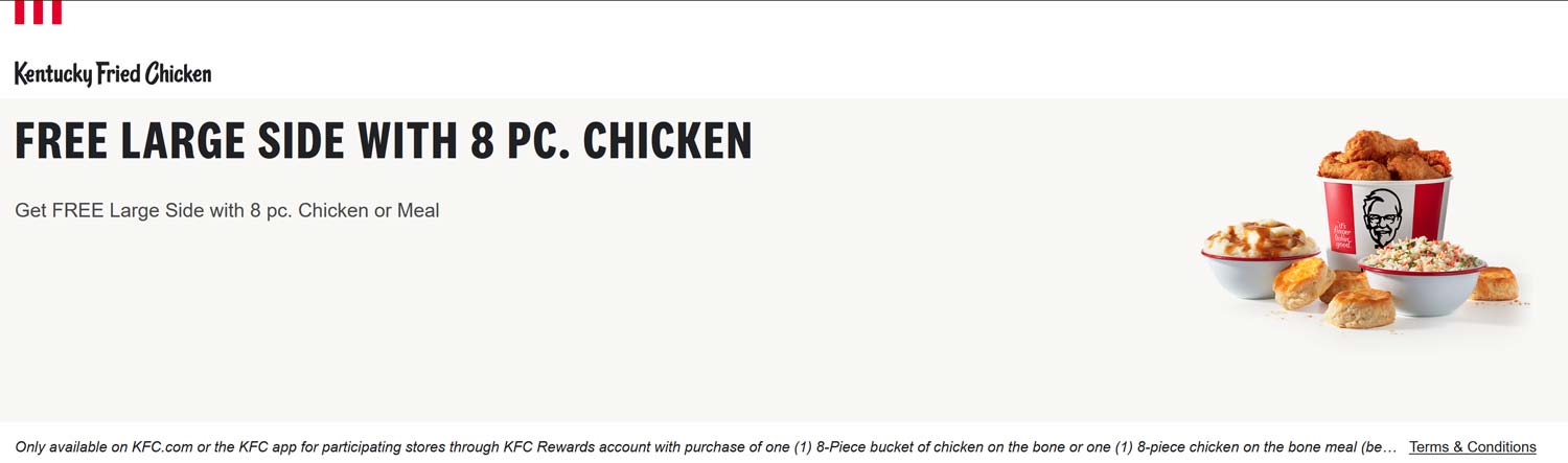 KFC restaurants Coupon  Free large side with your 8pc chicken online at KFC #kfc 