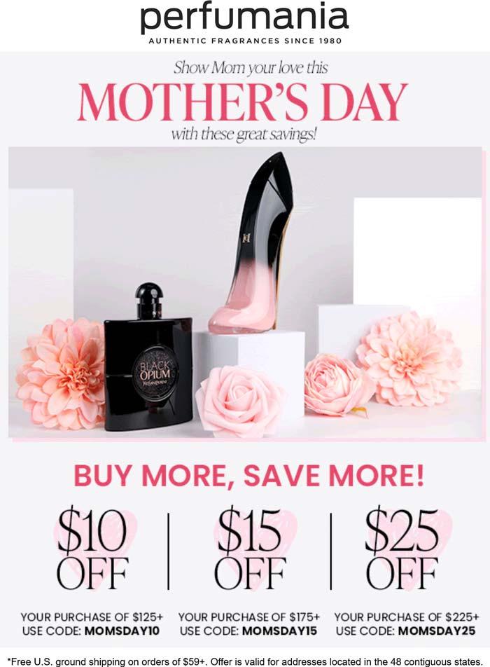 Perfumania stores Coupon  $10-$25 off $125+ at Perfumania via promo code MOMSDAY10 #perfumania 