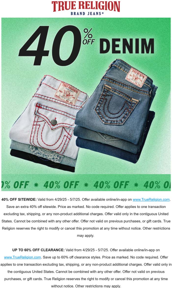 True Religion stores Coupon  40% off everything online at True Religion #truereligion 