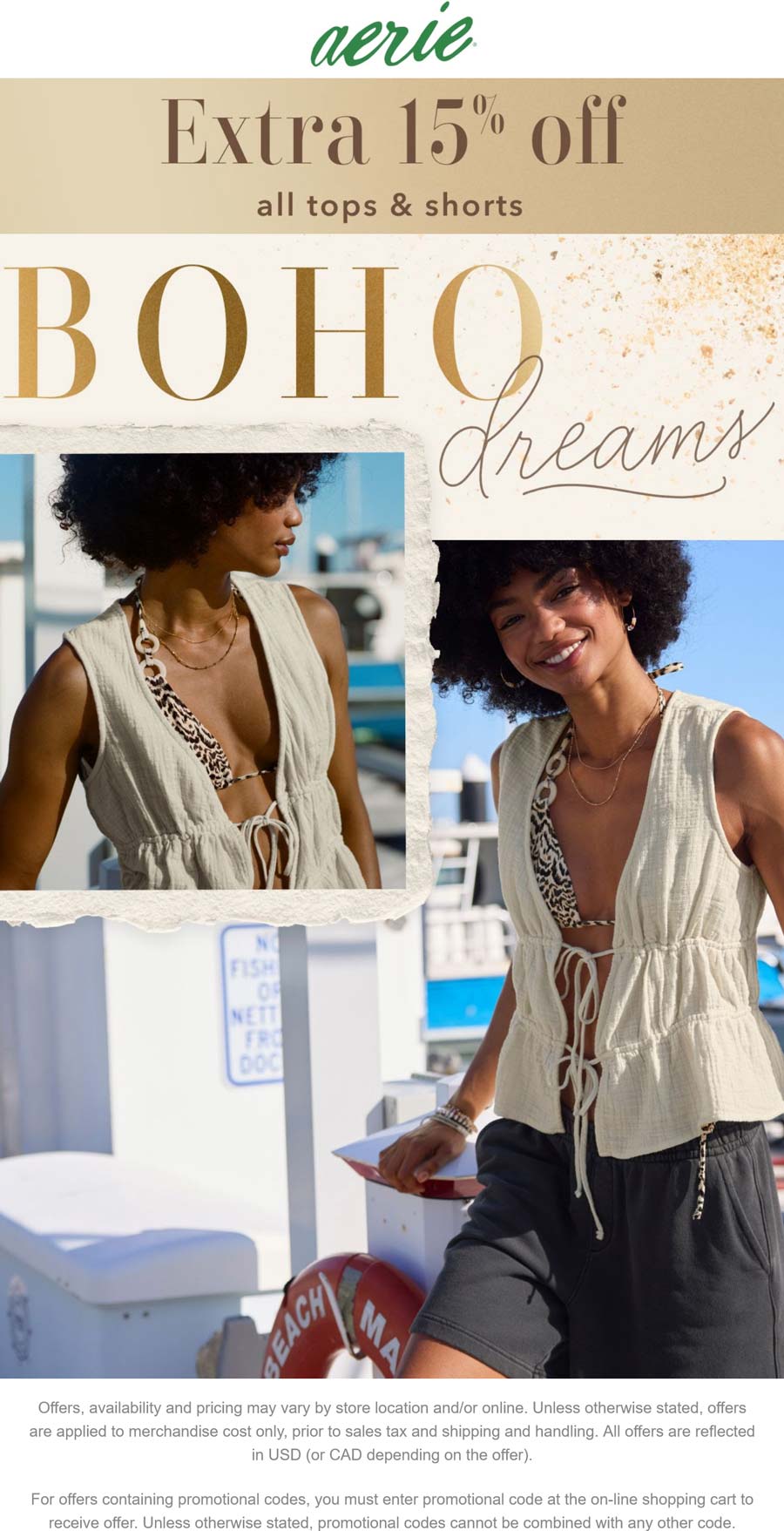Aerie stores Coupon  Extra 15% off all tops & shorts at Aerie, ditto online #aerie 