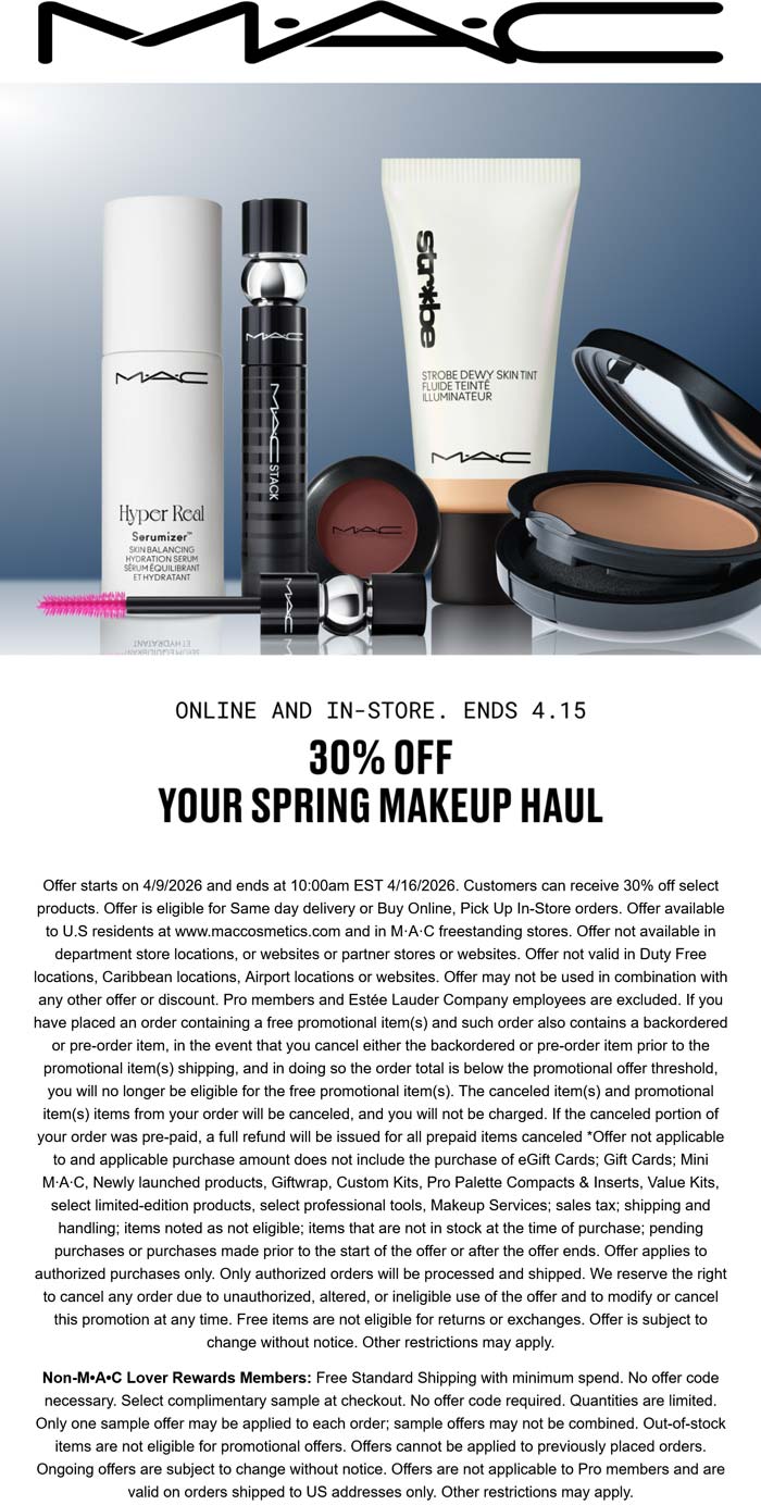 MAC stores Coupon  30% off makeup at MAC cosmetics, ditto online #mac 