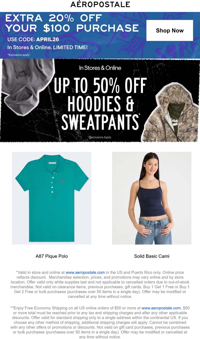 Aeropostale 20% off $100 today at Aeropostale, or online via promo code APRIL26 #aeropostale Aeropostale stores Coupon 20% off $100 today at Aeropostale, or online via promo code APRIL26 #aeropostale