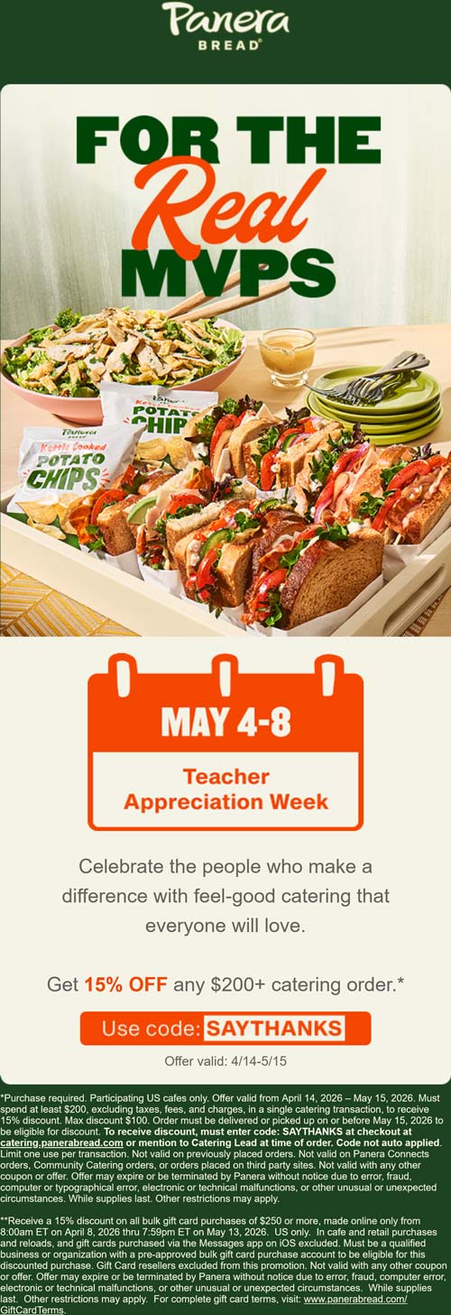 Panera Bread restaurants Coupon  15% off $200 at Panera Bread restaurants via promo code SAYTHANKS #panerabread 