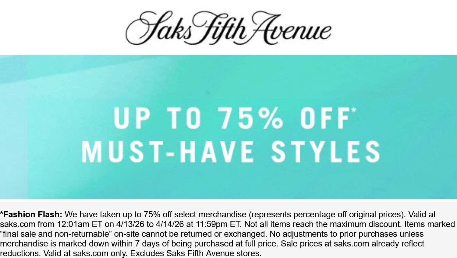 Saks Fifth Avenue stores Coupon  75% off various today at Saks Fifth Avenue #saksfifthavenue 