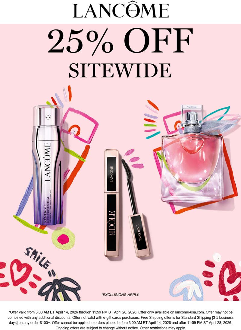 Lancome stores Coupon  25% off everything online at Lancome cosmetics #lancome 