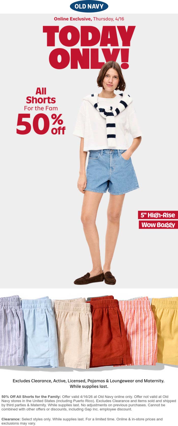 Old Navy stores Coupon  50% off all shorts today online at Old Navy #oldnavy 