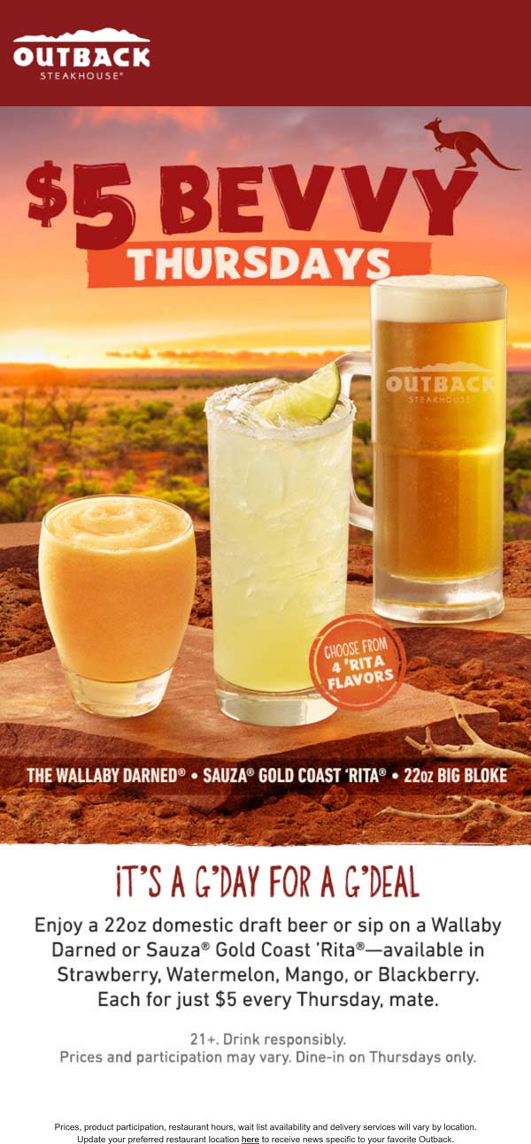 Outback Steakhouse restaurants Coupon  $5 drinks today at Outback Steakhouse #outbacksteakhouse 
