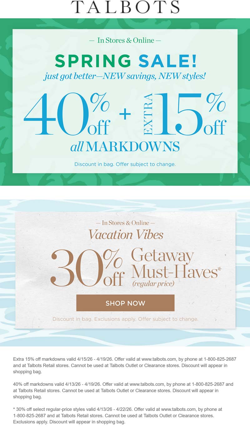 Talbots stores Coupon  Extra 55% off sale items at Talbots, ditto online #talbots 