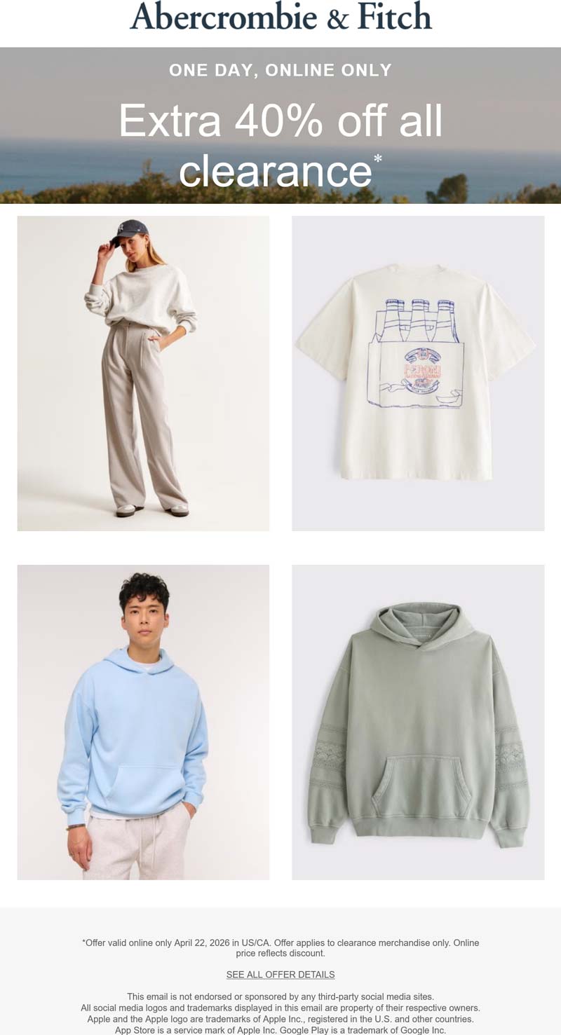 Abercrombie & Fitch stores Coupon  Extra 40% off clearance today online at Abercrombie & Fitch #abercrombiefitch 