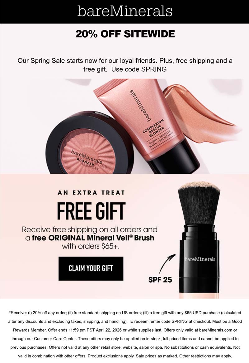 bareMinerals stores Coupon  20% off everything online today at bareMinerals via promo code SPRING #bareminerals 