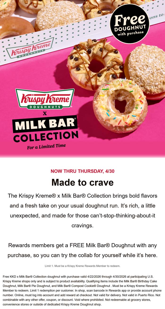 Krispy Kreme restaurants Coupon  Free milk bar doughnut with any order via login at Krispy Kreme #krispykreme 