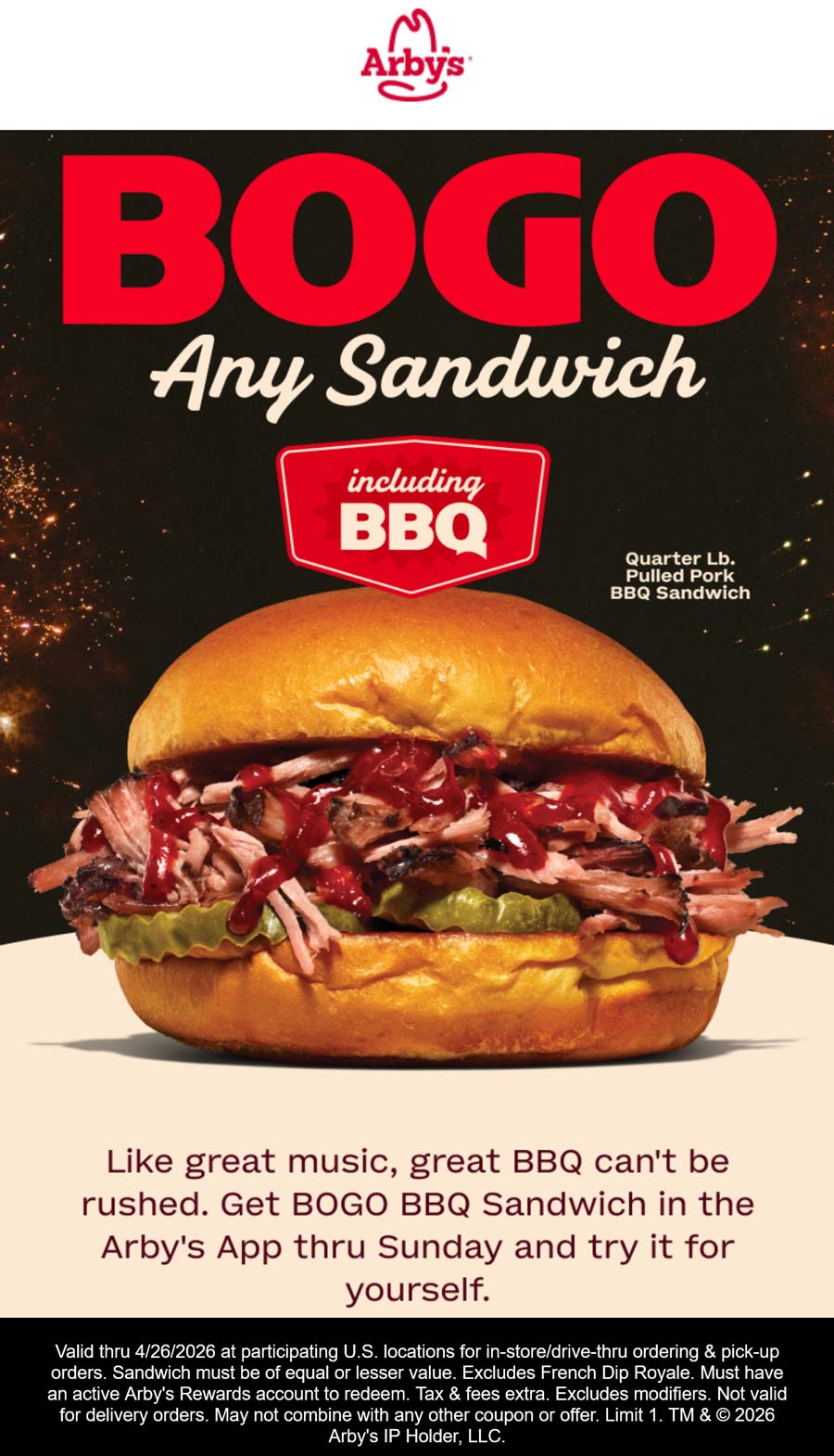 Arbys restaurants Coupon  Second sandwich free via mobile at Arbys #arbys 