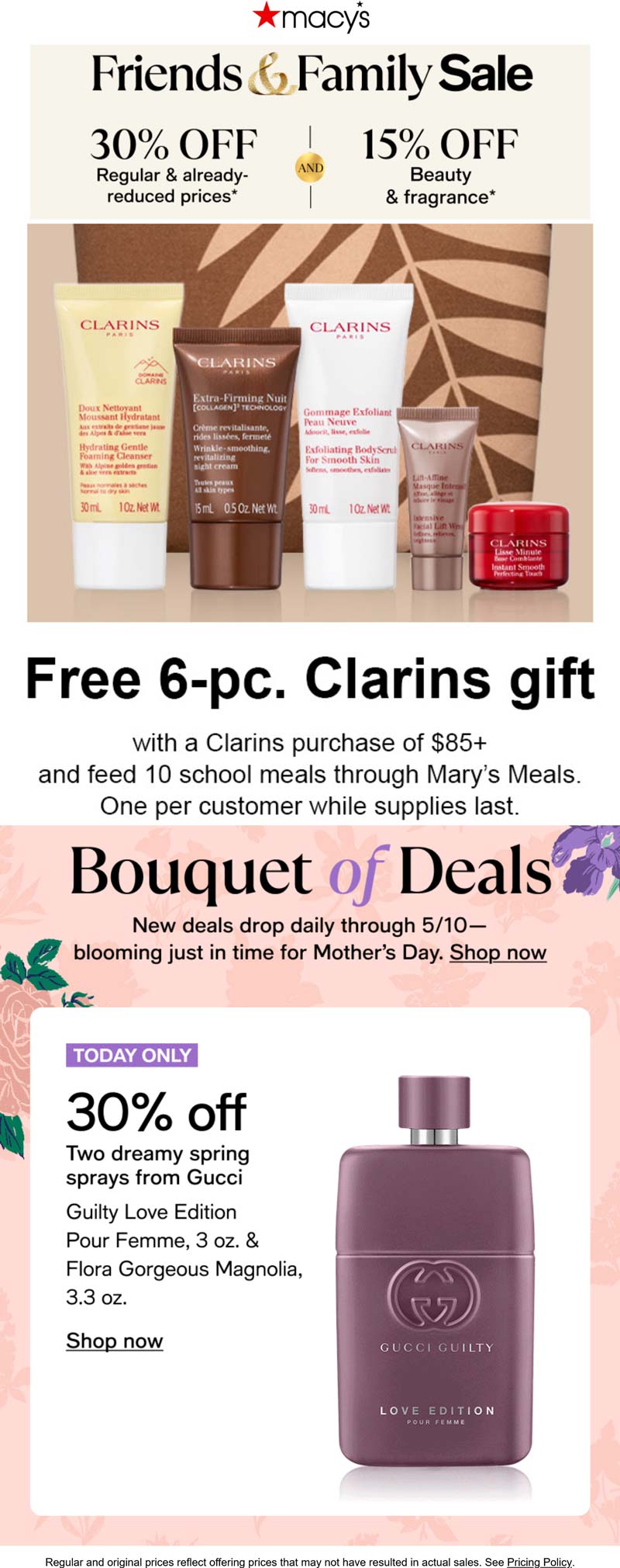 Macys stores Coupon  30% off friends & family at Macys, also free 6pc Clarins on $85+ online #macys 