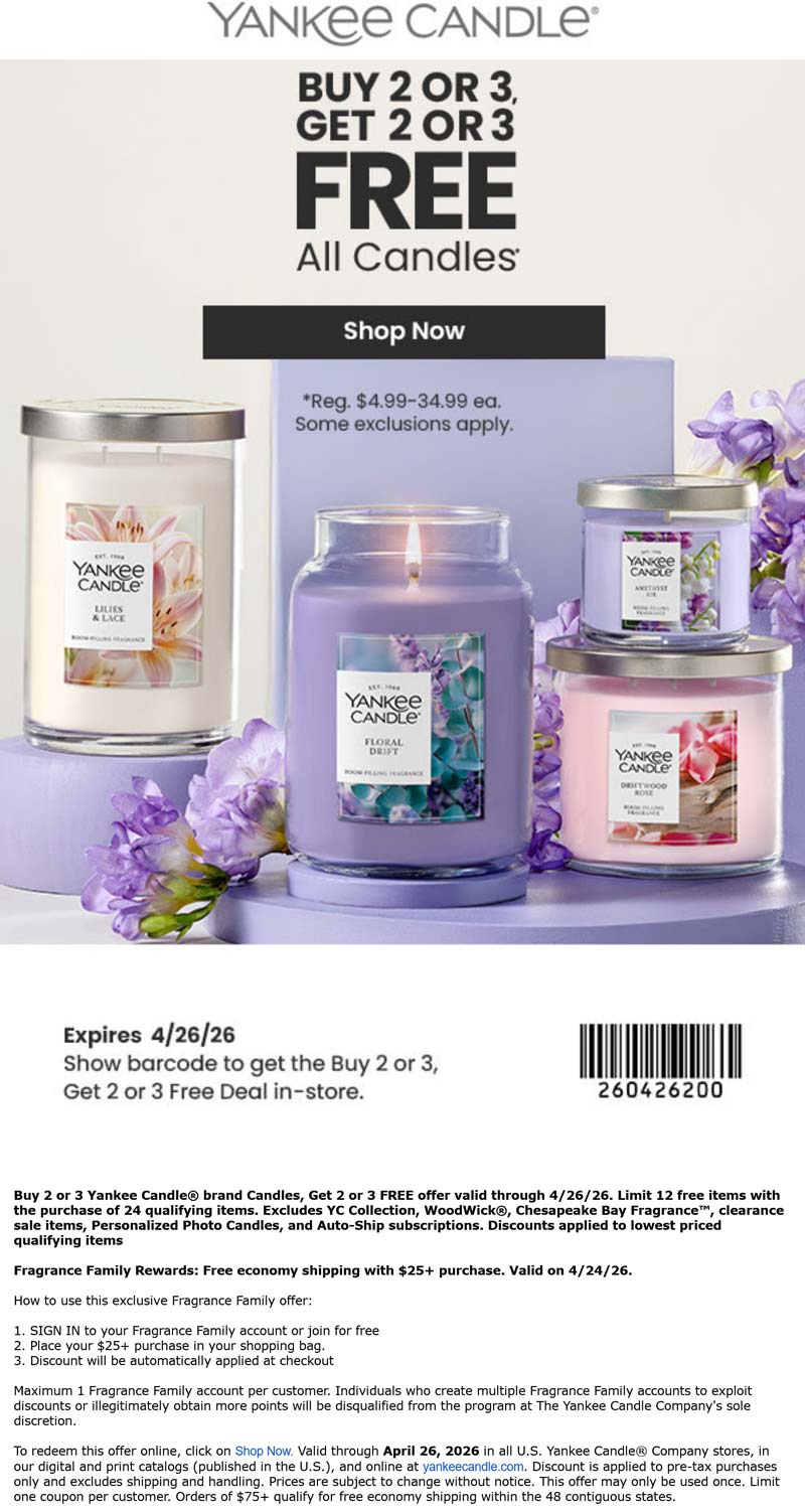 Yankee Candle stores Coupon  4-for-2 on all candles at Yankee Candle, ditto online #yankeecandle 