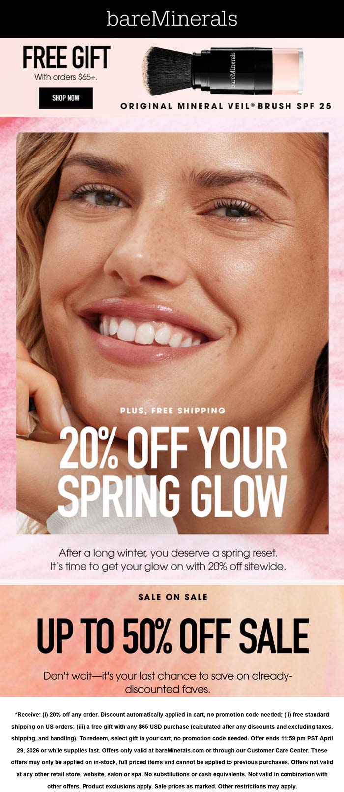 bareMinerals stores Coupon  20% off + free brush spf on $65+ at bareMinerals #bareminerals 