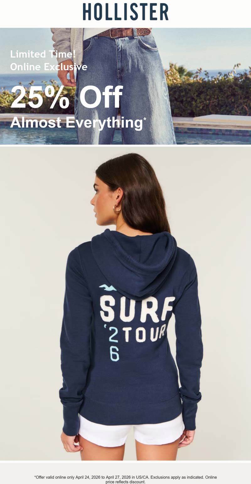 Hollister stores Coupon  25% off online at Hollister #hollister 