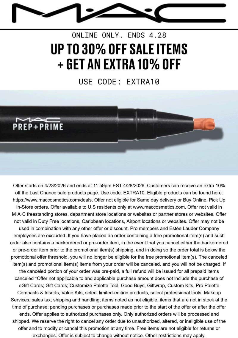 MAC stores Coupon  Extra 40% off sale items online at MAC Cosmetics via promo code EXTRA10 #mac 