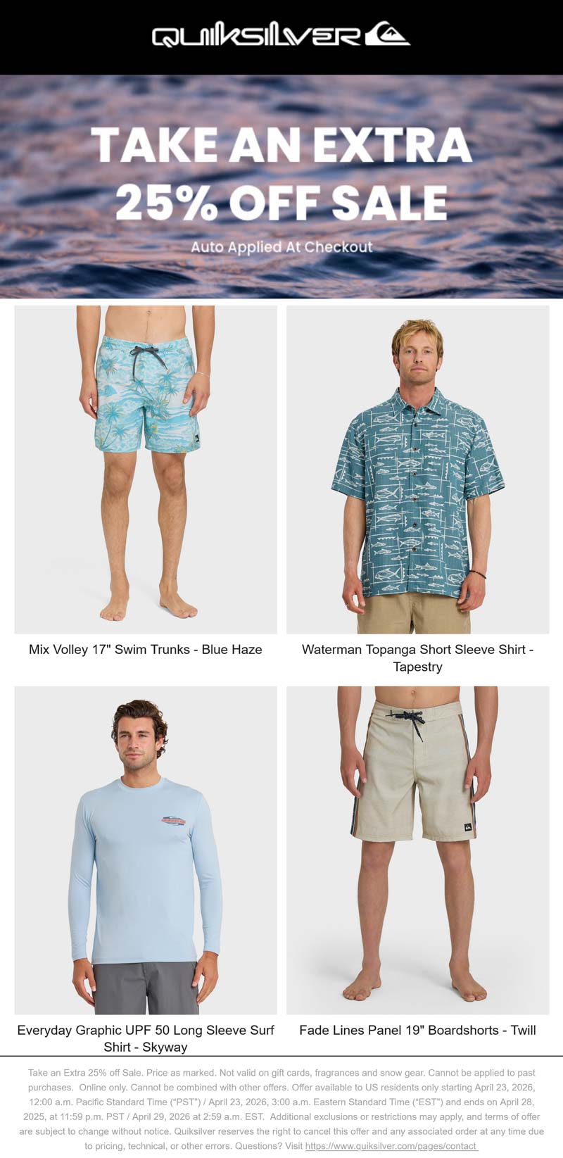 Quiksilver stores Coupon  Extra 25% off sale items online at Quiksilver #quiksilver 