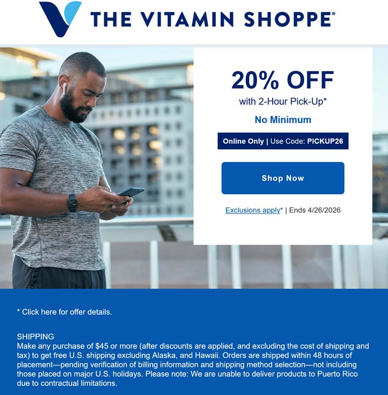 The Vitamin Shoppe stores Coupon  20% off online at The Vitamin Shoppe via promo code PICKUP26 #thevitaminshoppe 