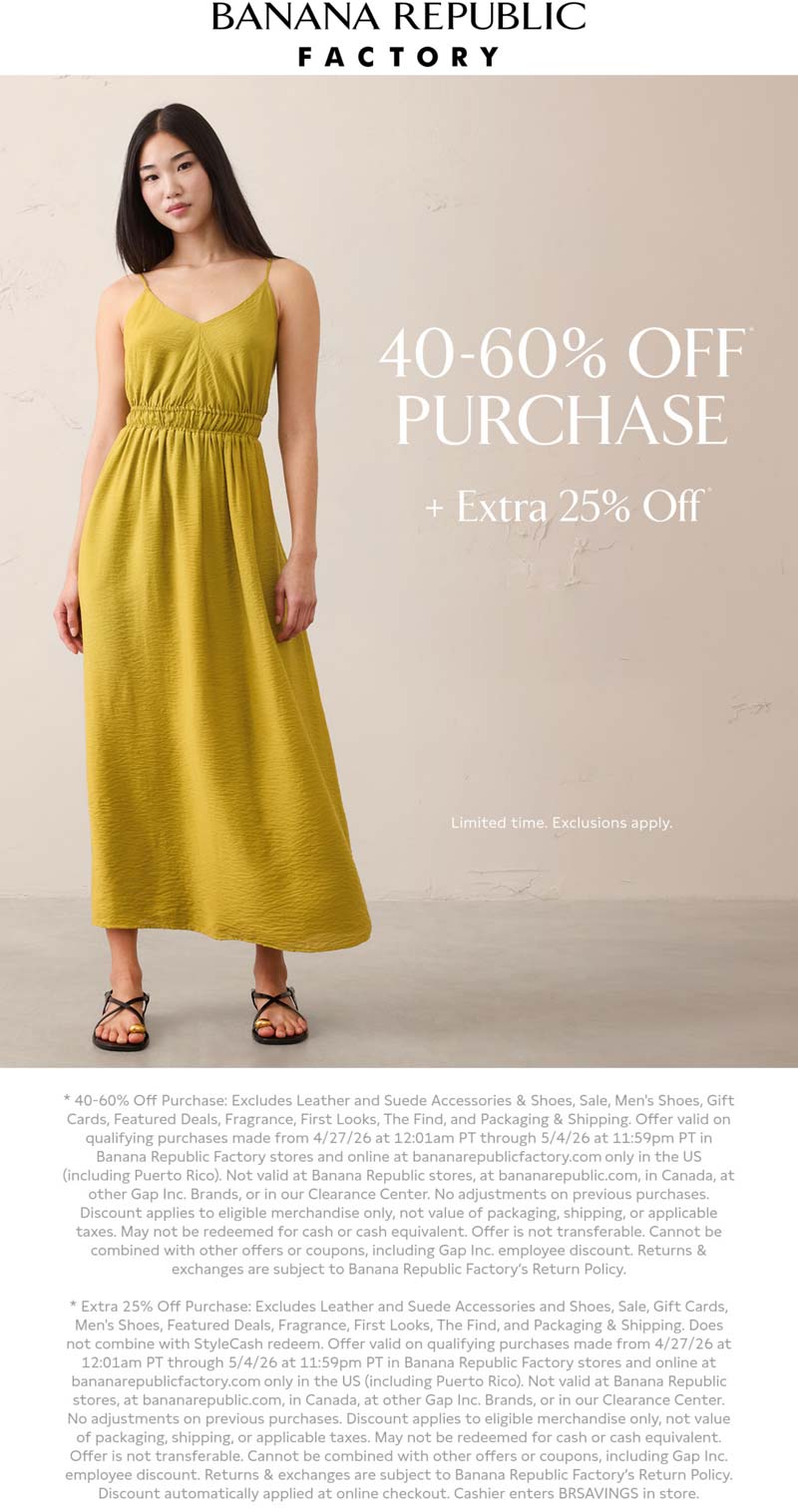 Banana Republic Factory stores Coupon  65-85% off at Banana Republic Factory, ditto online #bananarepublicfactory 