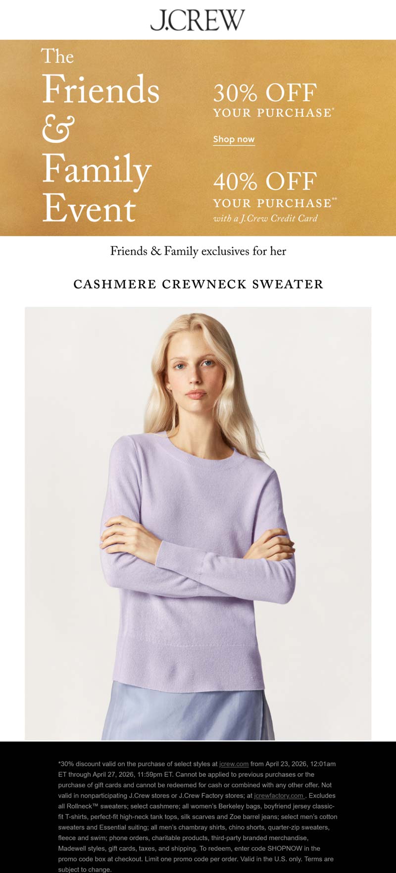 J.Crew stores Coupon  30% off today at J.Crew, ditto online #jcrew 