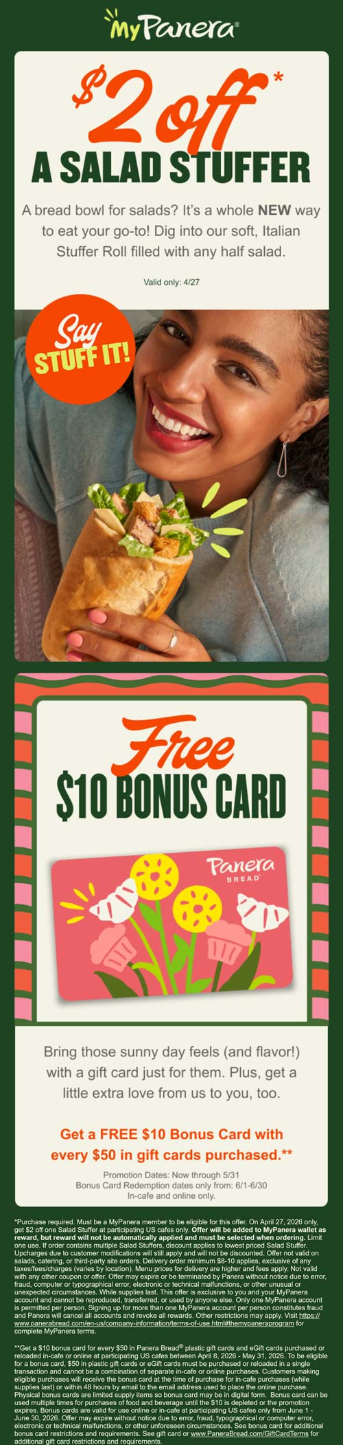 Panera restaurants Coupon  $2 off a salad stuffer today via login at Panera restaurants #panera 