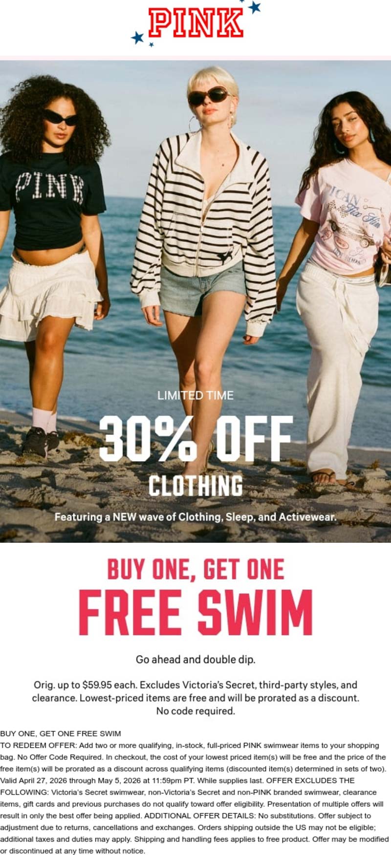 PINK stores Coupon  Second swim free also 30% off at PINK #pink 