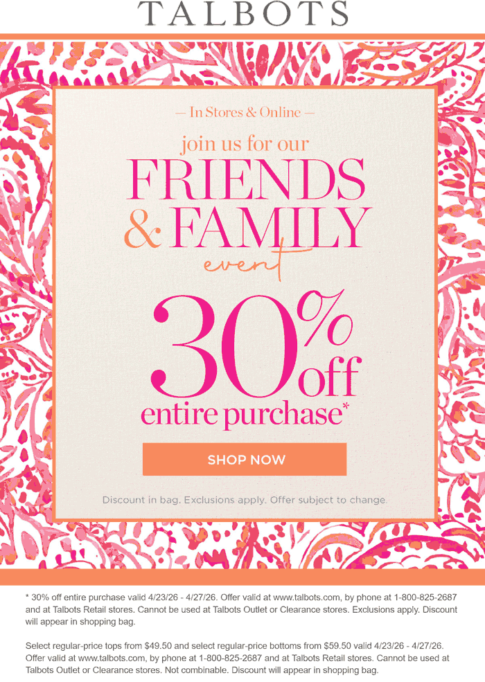 Talbots stores Coupon  30% off today at Talbots, ditto online #talbots 