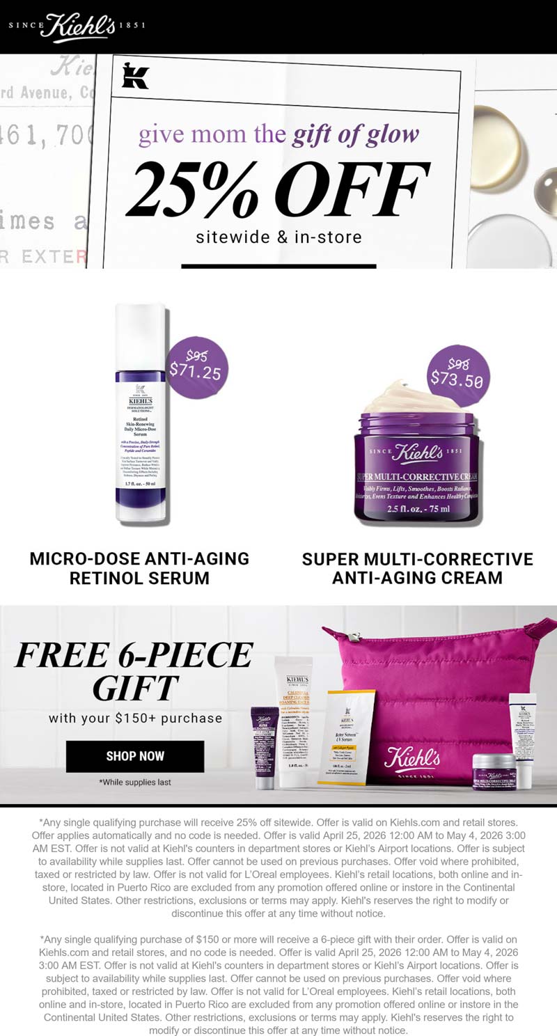 Kiehls stores Coupon  25% off everything & more at Kiehls, ditto online #kiehls 
