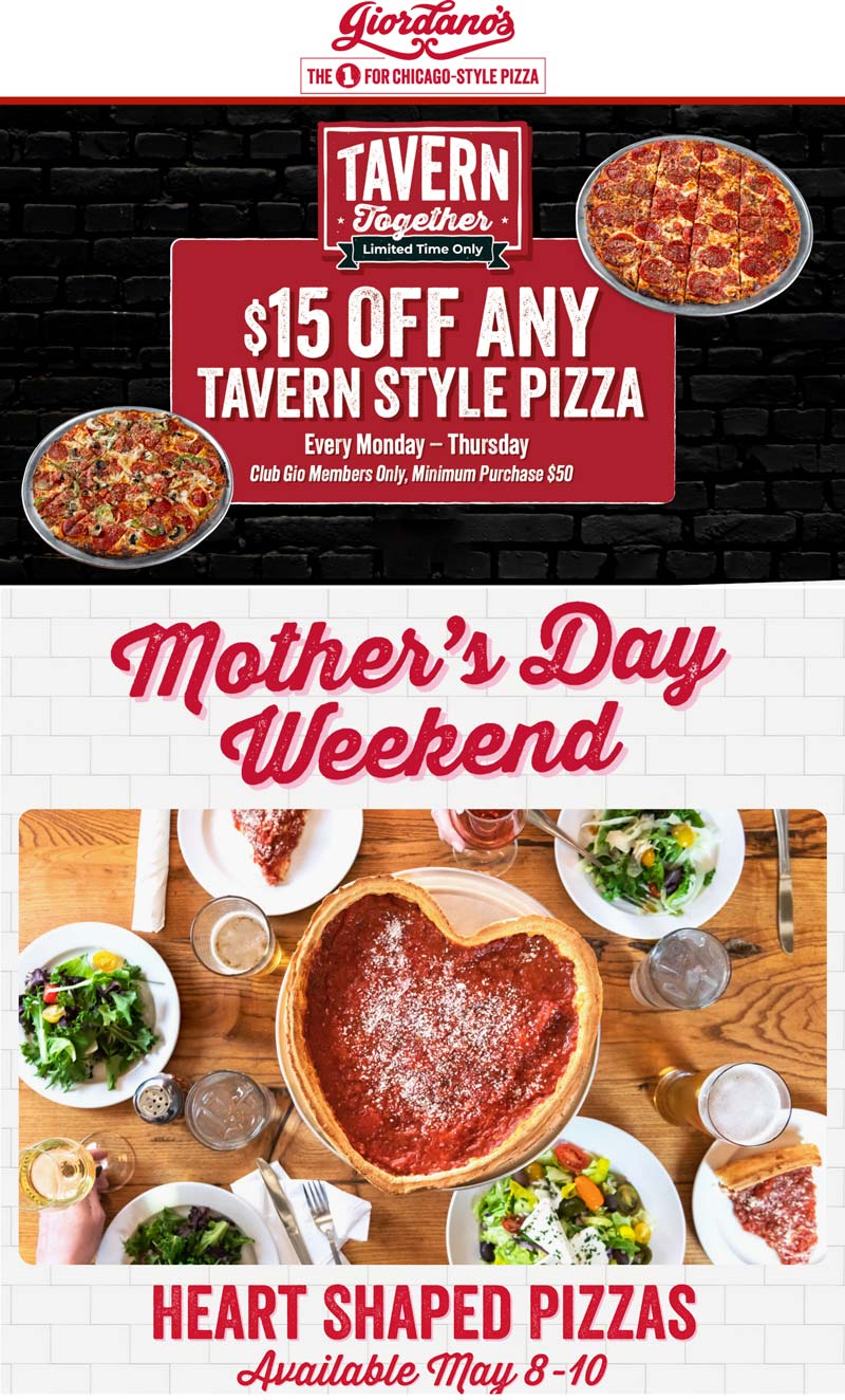 Giordanos restaurants Coupon  $15 off $50 on tavern pizzas Mon-Thur at Giordanos #giordanos 