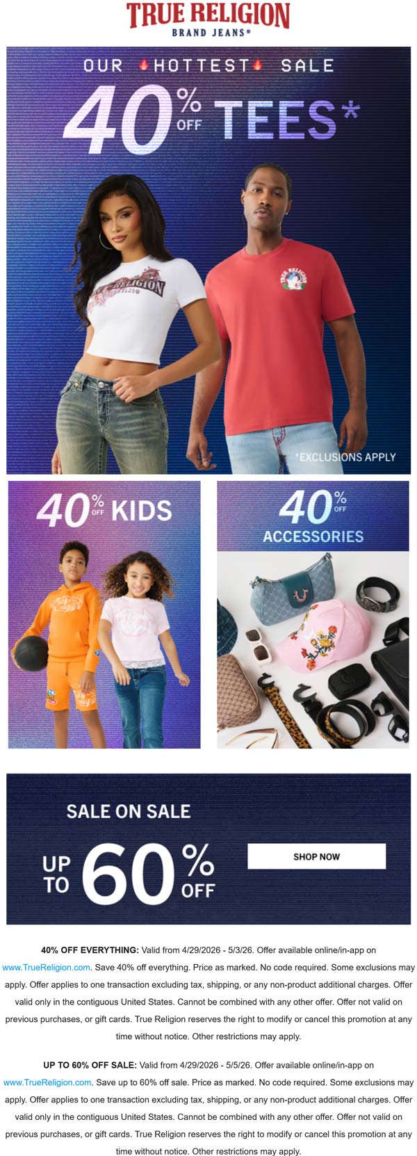 True Religion stores Coupon  40% off everything online at True Religion #truereligion 