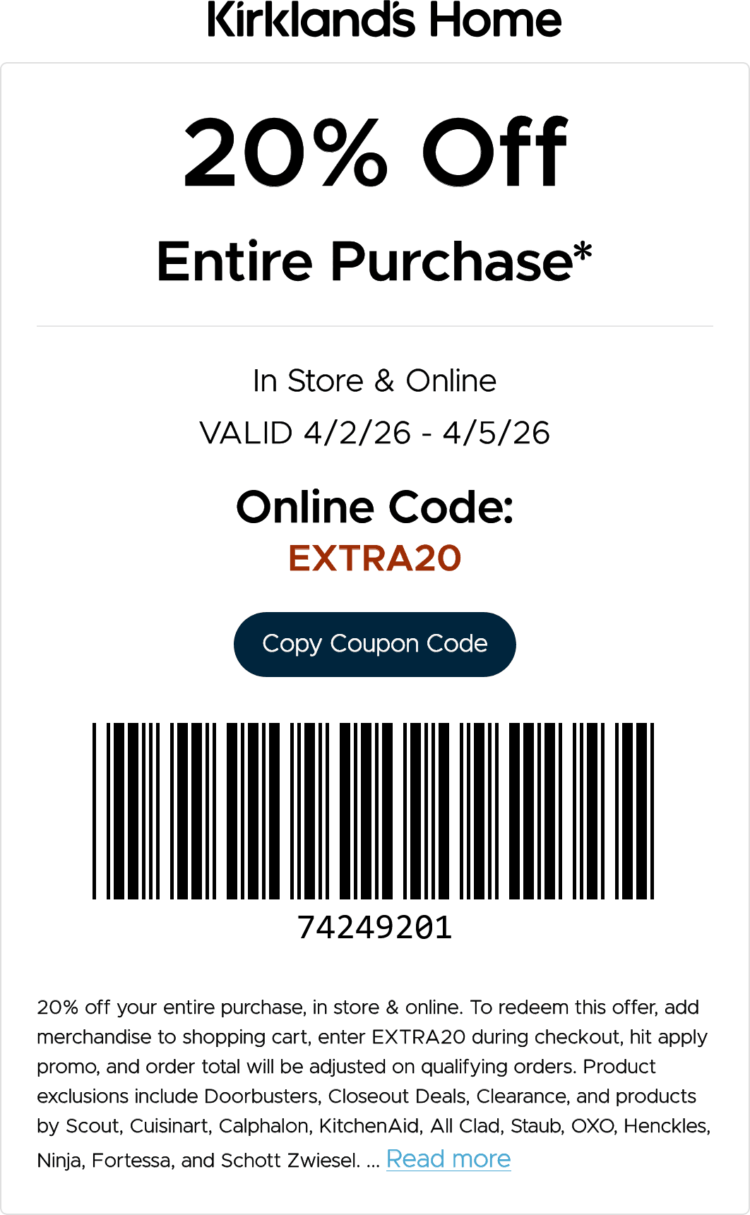 Kirklands stores Coupon  20% off at Kirklands, or online via promo code EXTRA20 #kirklands 