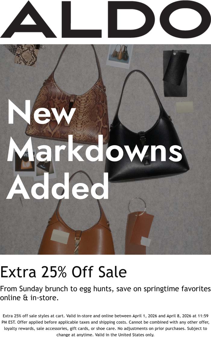 ALDO Extra 25% off sale items at ALDO #aldo ALDO stores Coupon Extra 25% off sale items at ALDO #aldo