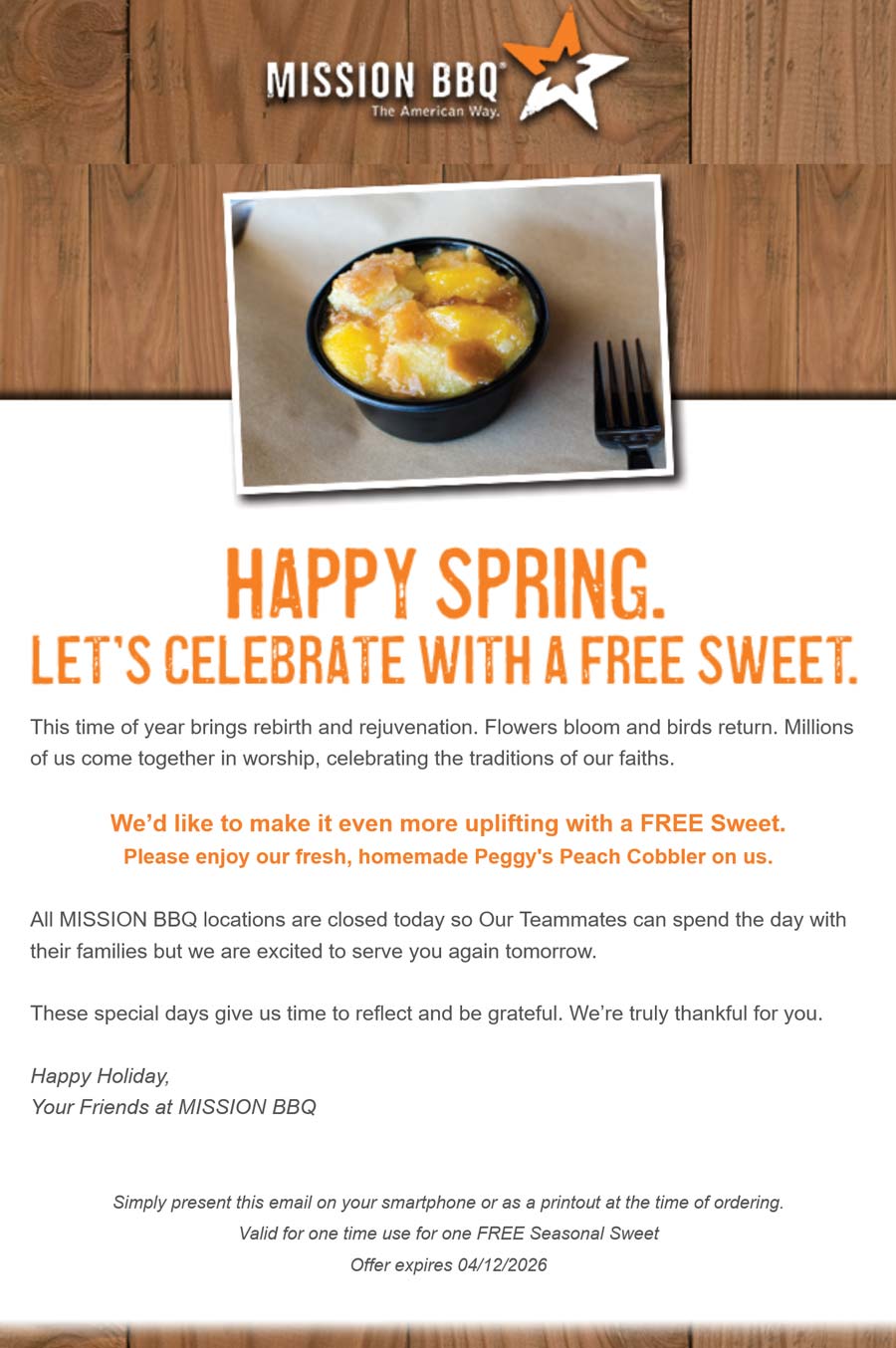 Mission BBQ restaurants Coupon  Free dessert at Mission BBQ #missionbbq 