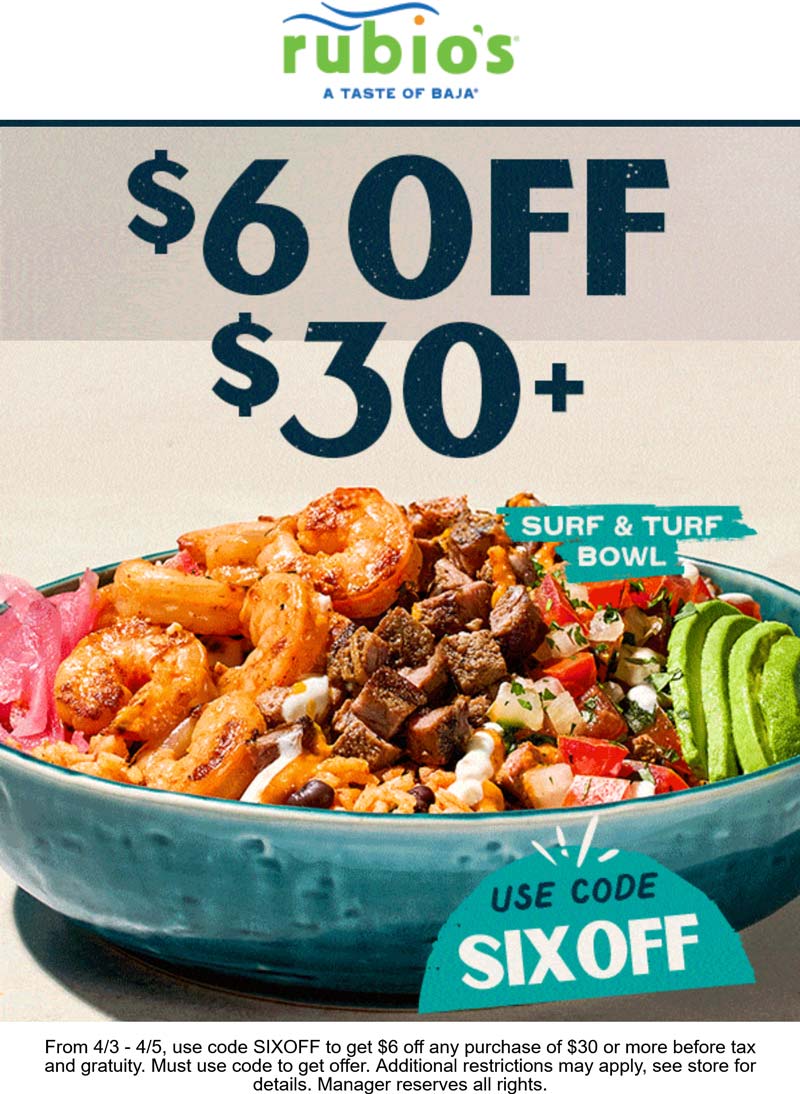 Rubios restaurants Coupon  $6 off $30 today at Rubios restaurants #rubios 