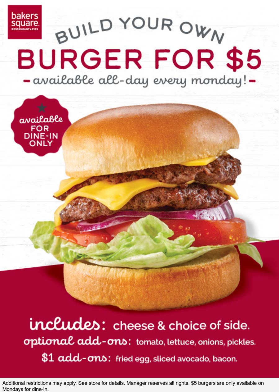 Bakers Square restaurants Coupon  $5 build your own cheeseburger today at Bakers Square #bakerssquare 