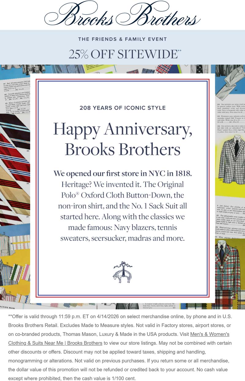 Brooks Brothers stores Coupon  25% off everything at Brooks Brothers, ditto online #brooksbrothers 