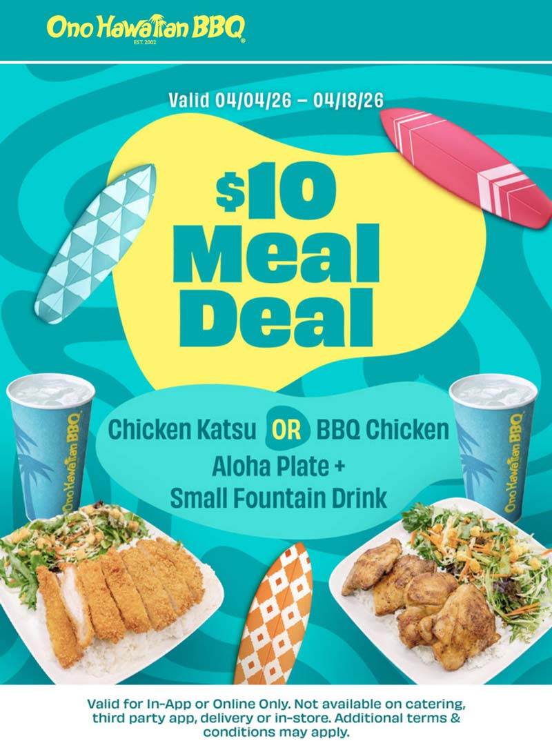 Ono Hawaiian BBQ restaurants Coupon  Chicken plate + drink = $10 at Ono Hawaiian BBQ #onohawaiianbbq 
