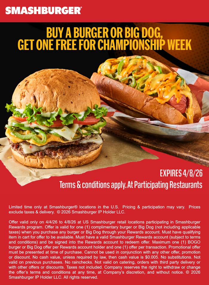 Smashburger Second cheeseburger or hot dog free via login today at Smashburger #smashburger Smashburger restaurants Coupon Second cheeseburger or hot dog free via login today at Smashburger #smashburger