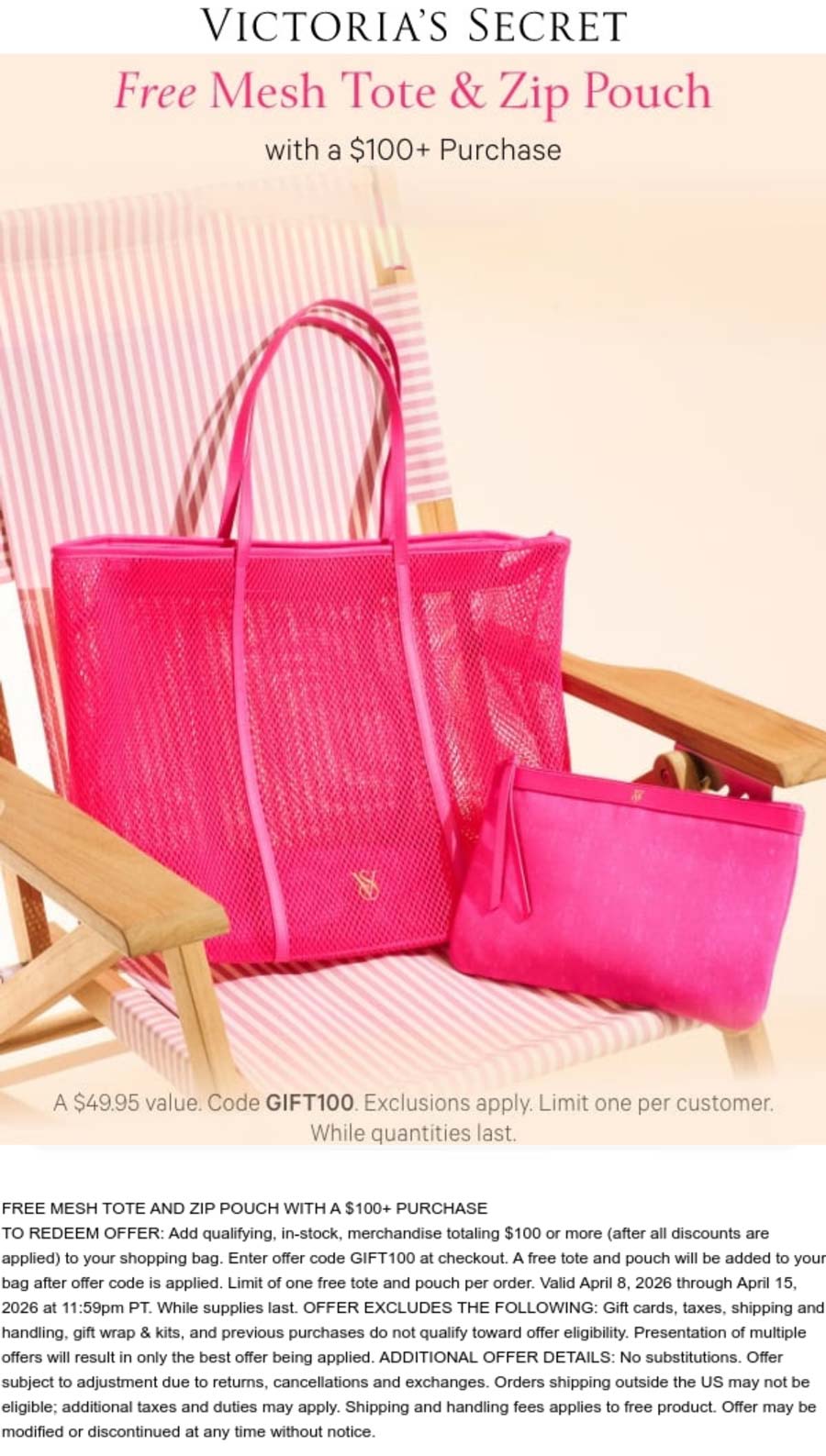Victorias Secret stores Coupon  Free mesh tote bag on $100 at Victorias Secret via promo code GIFT100 #victoriassecret 