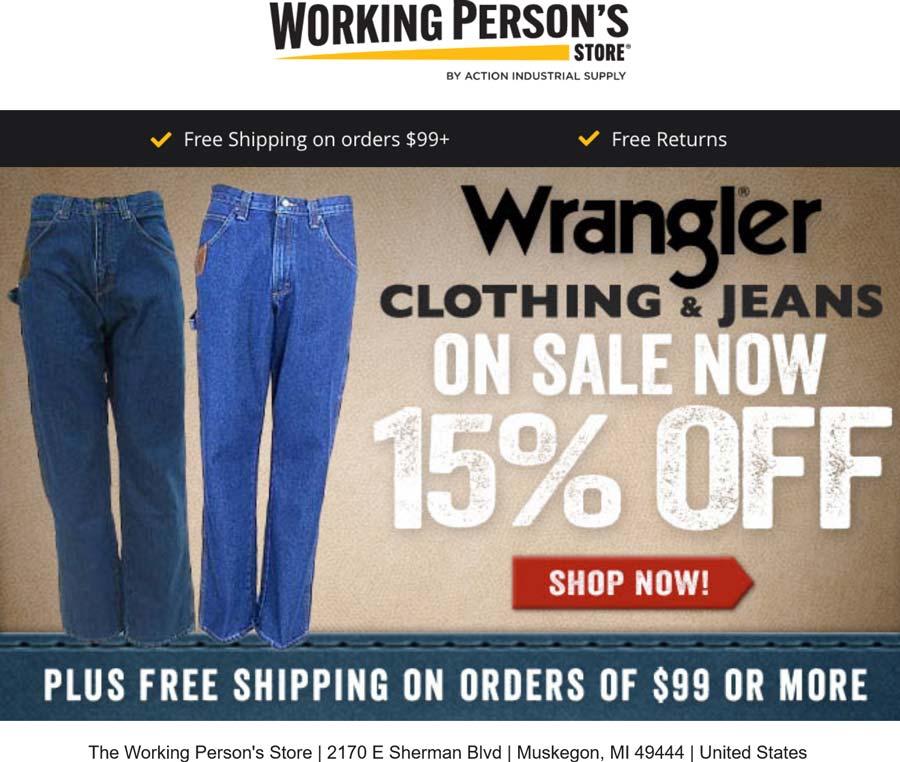 Working Persons Store stores Coupon  15% off Wrangler jeans at Working Persons Store #workingpersonsstore 
