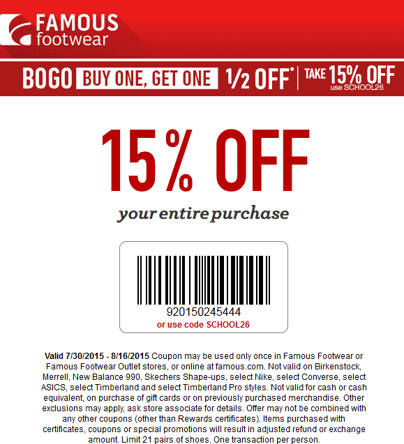 Famous Footwear Coupon April 2024 15% off everything at Famous Footwear, or online via promo code SCHOOL26