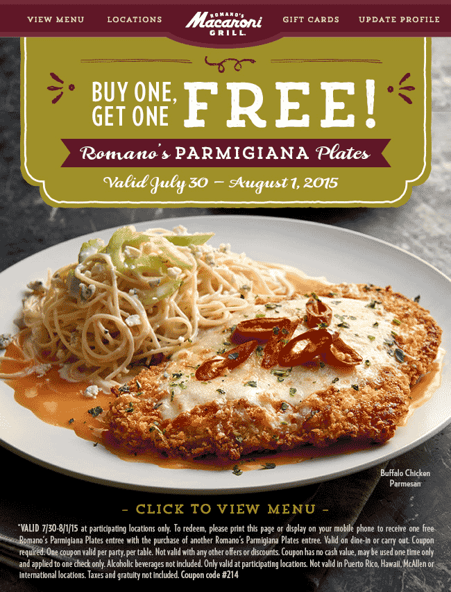 Macaroni Grill Coupon April 2024 Second parmigiana plate free today at Macaroni Grill