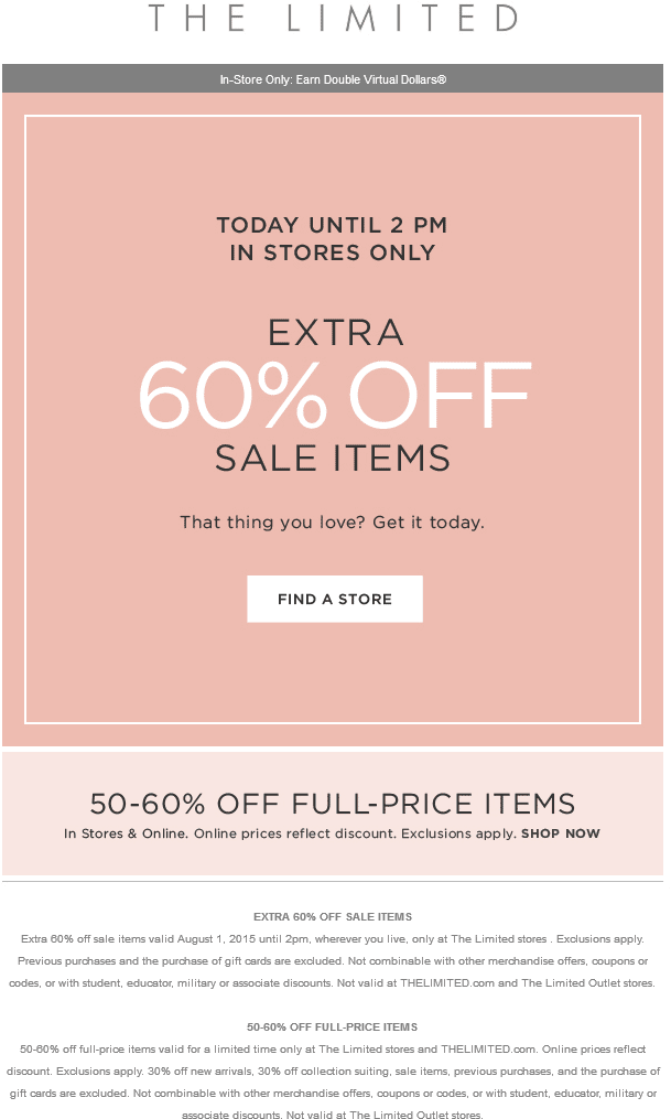 The Limited Coupon April 2024 50-60% off everything today at The Limited, ditto online