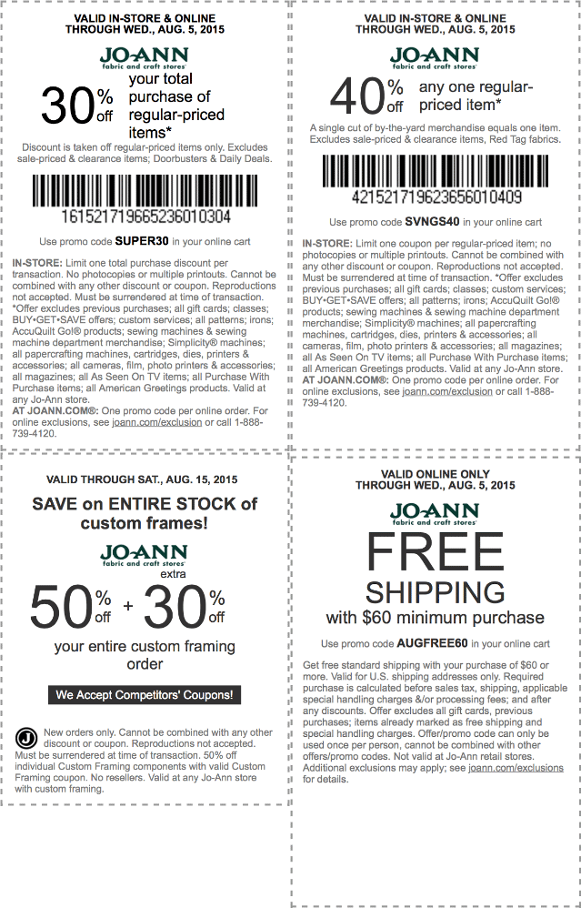 Jo-Ann Fabric Coupon April 2024 30% off the tab, 40% off a single item at Jo-Ann Fabric, or online via promo code SVNGS40