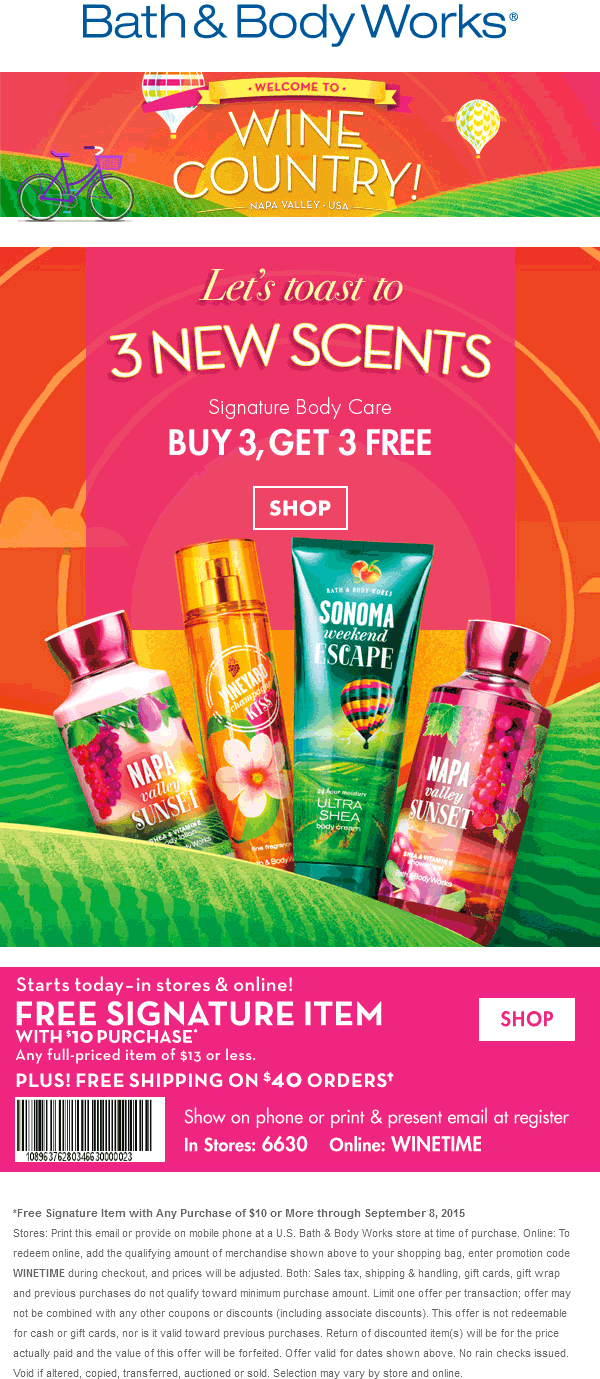 Bath & Body Works Coupon March 2024 $13 item free with $10 spent at Bath & Body Works, or online via promo code WINETIME