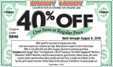 Hobby Lobby Coupon April 2024 40% off a single item at Hobby Lobby, or online via promo code 8846